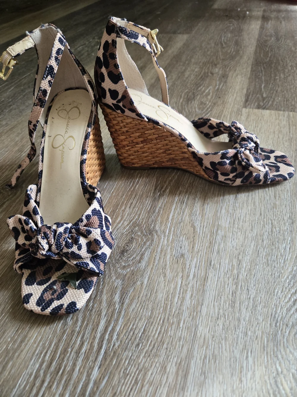 Jessica Simpson Leopard-Print Ankle-Strap Wedge Sandals - Tan & Black
